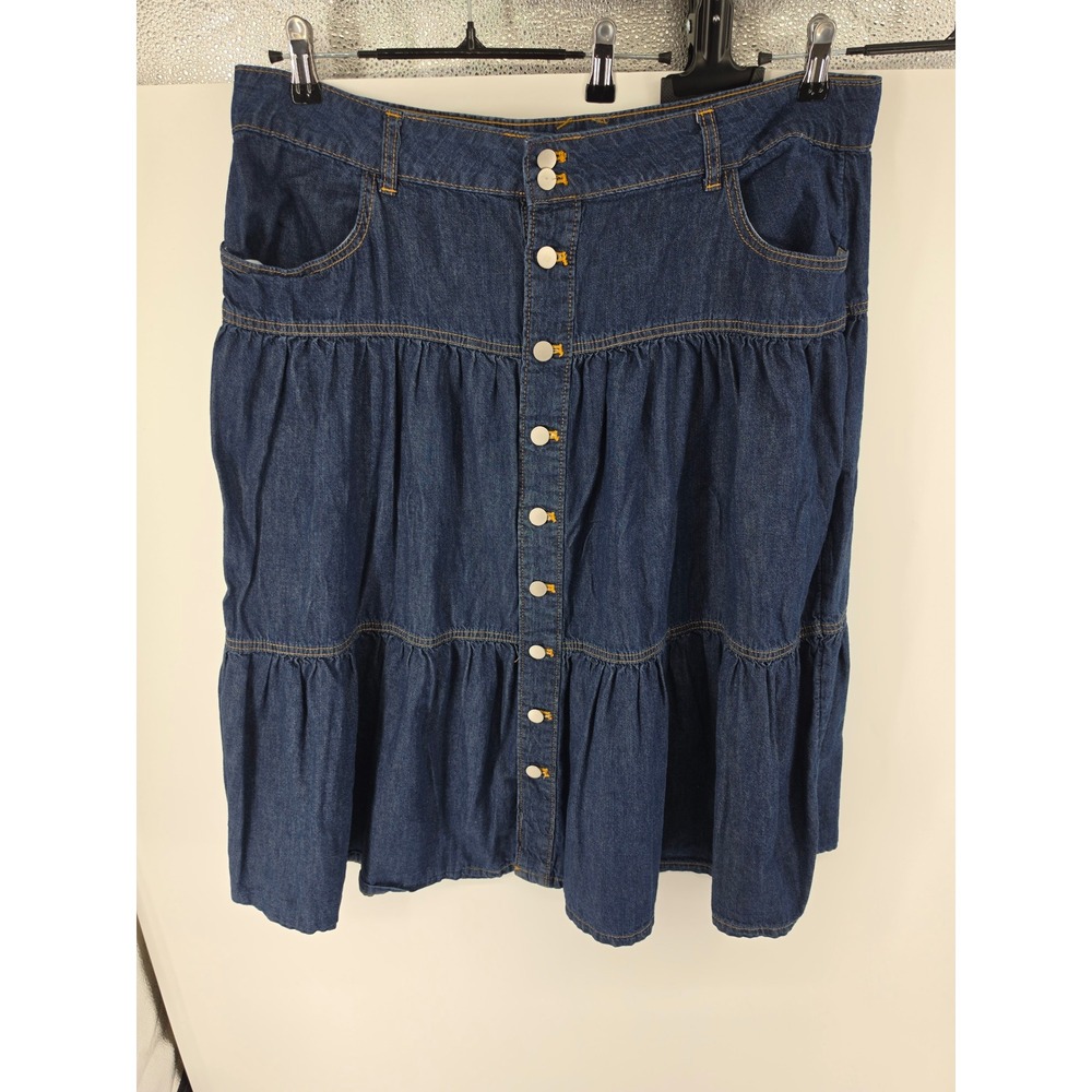 Denim Tiered Ruffle Button Front Skirt Mid Wash Blue Cotton Size 18